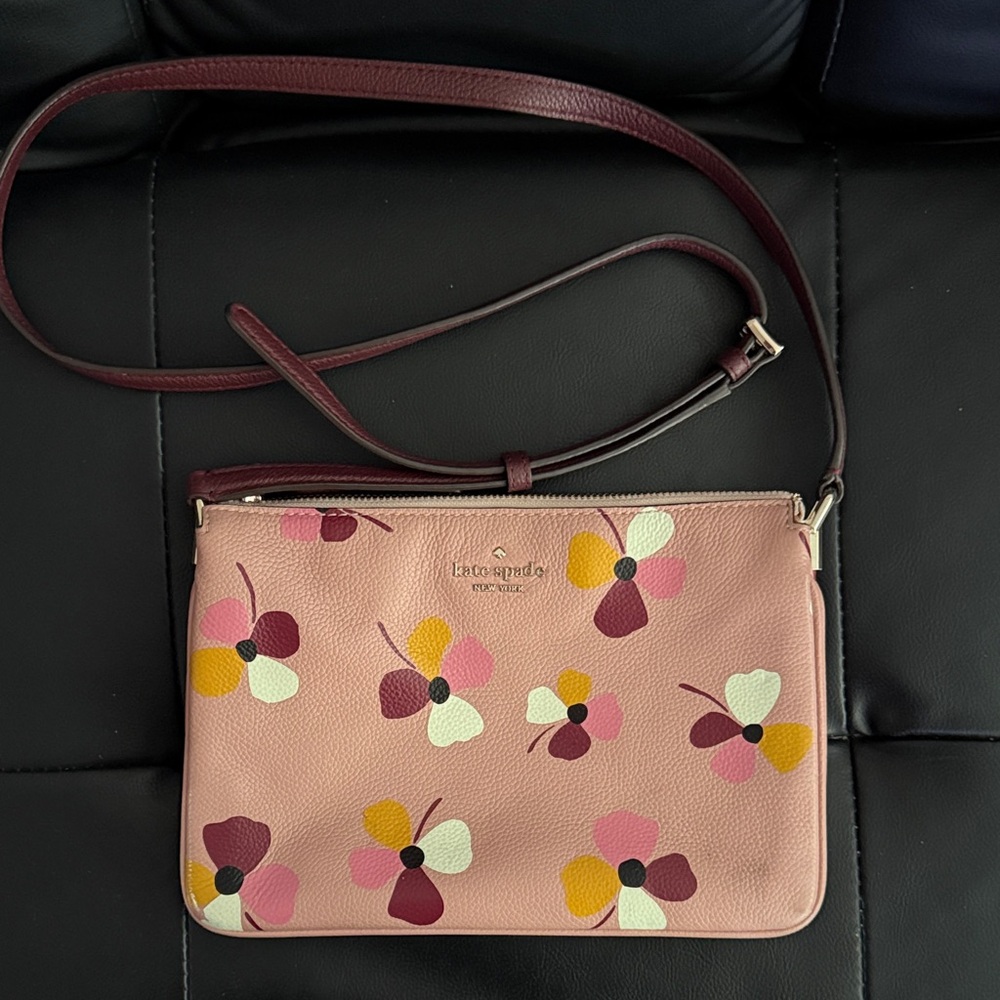kate spade Pink Floral Leather Crossbody with Burgundy Strap